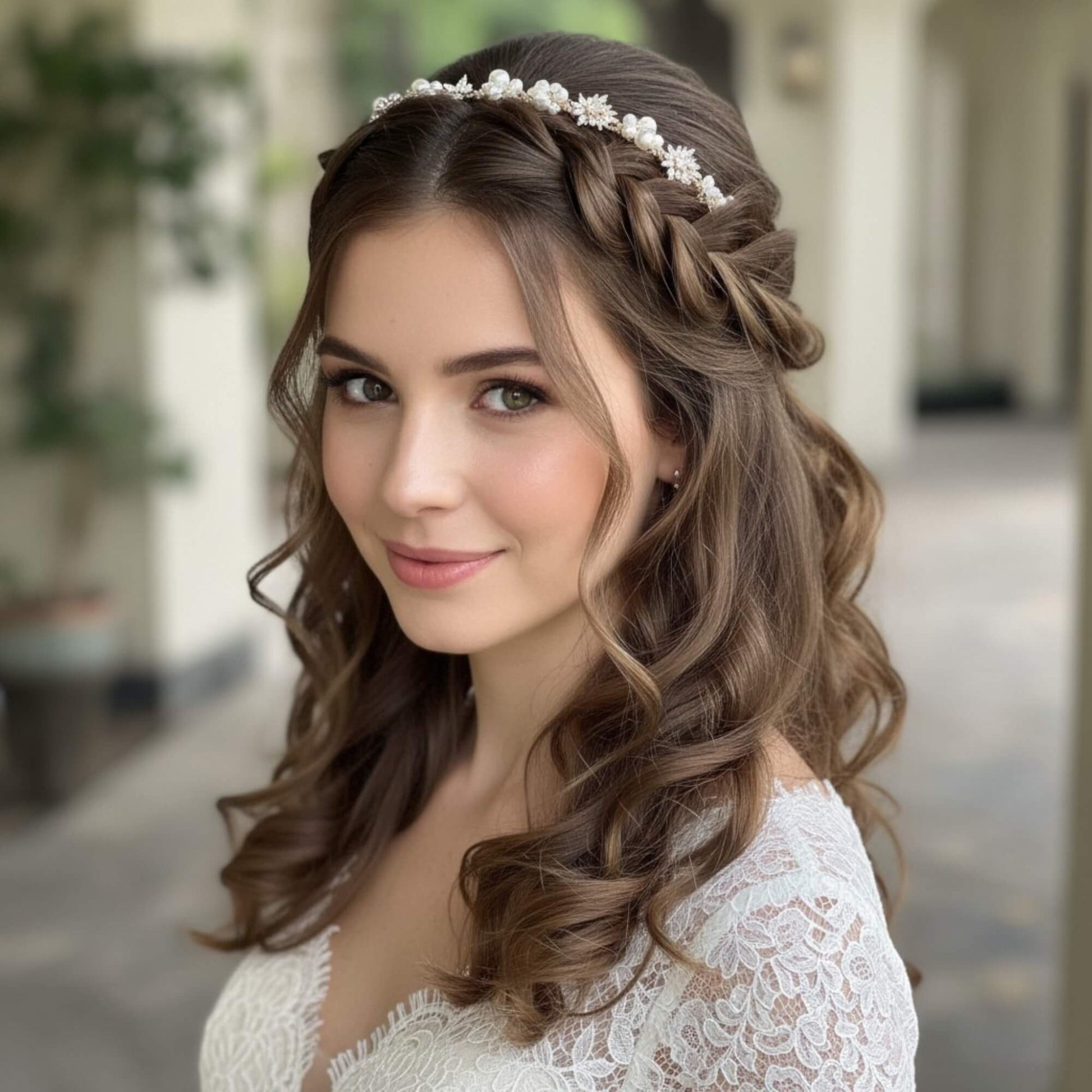 Bride wearing gold pearl and zircon headband with low textured bun