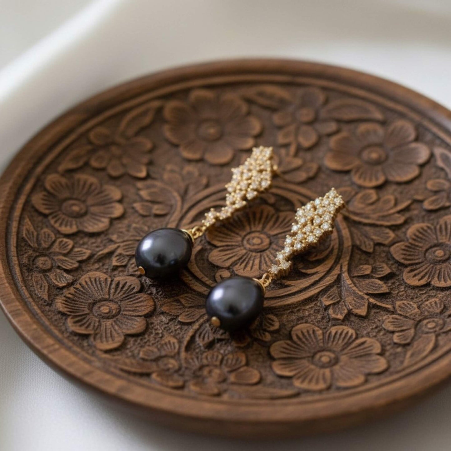 Dark Pearl Drop Earrings with Gold Bead Cluster – Bridal Jewellery