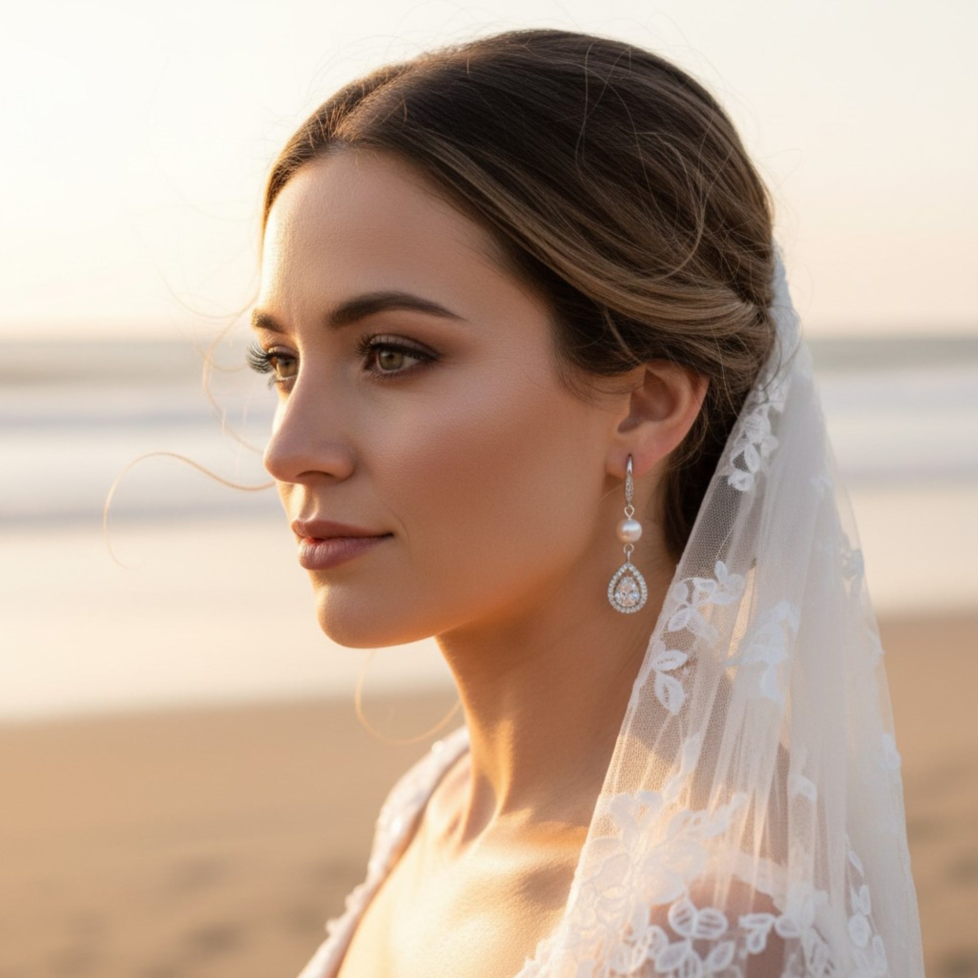 Australian bride wearing classic pearl teardrop earrings, gentle lighting and quiet luxury bridal aesthetic.