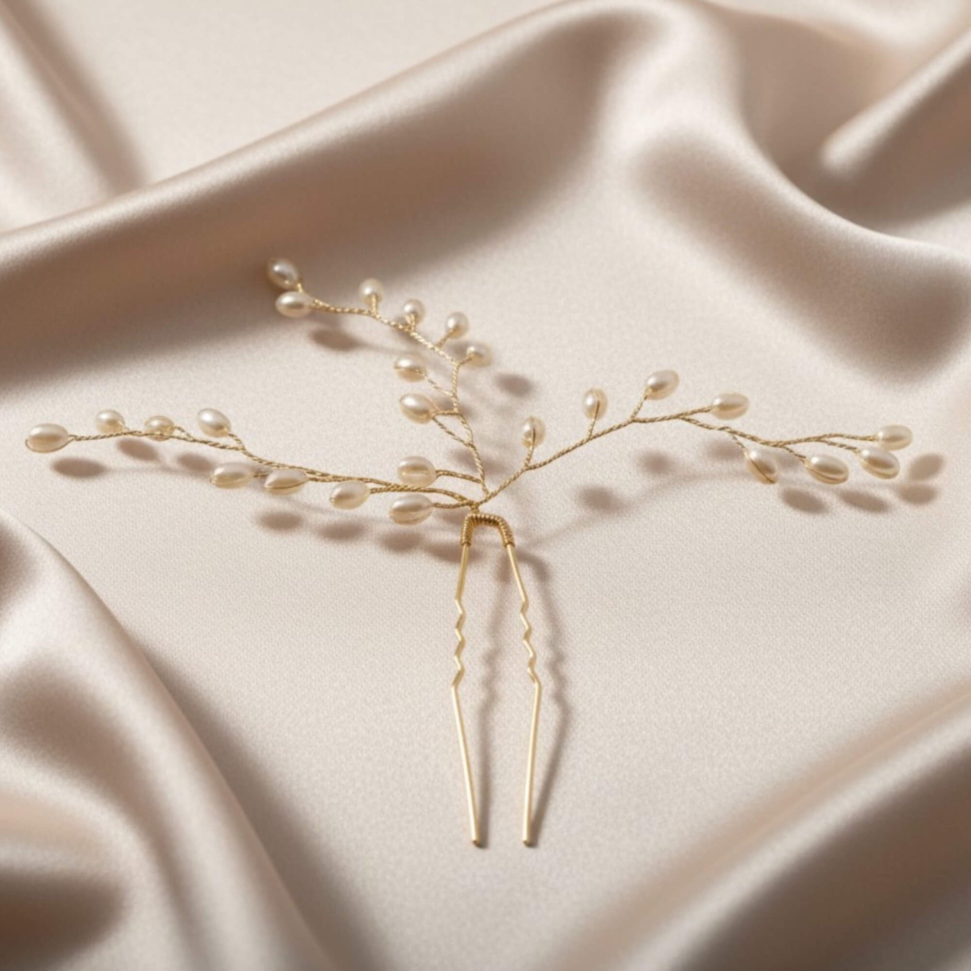 Rose gold bridal hair pin with pearl buds arranged on branching wire, displayed on white satin.