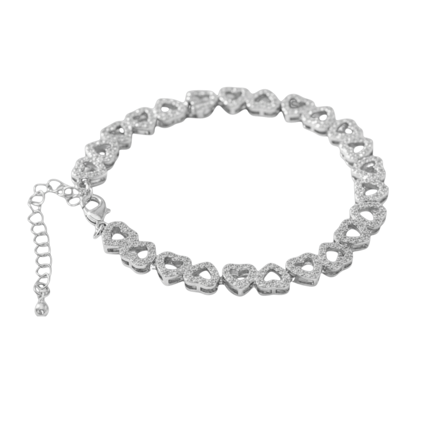 Silver bracelet with heart-shaped links on a black background