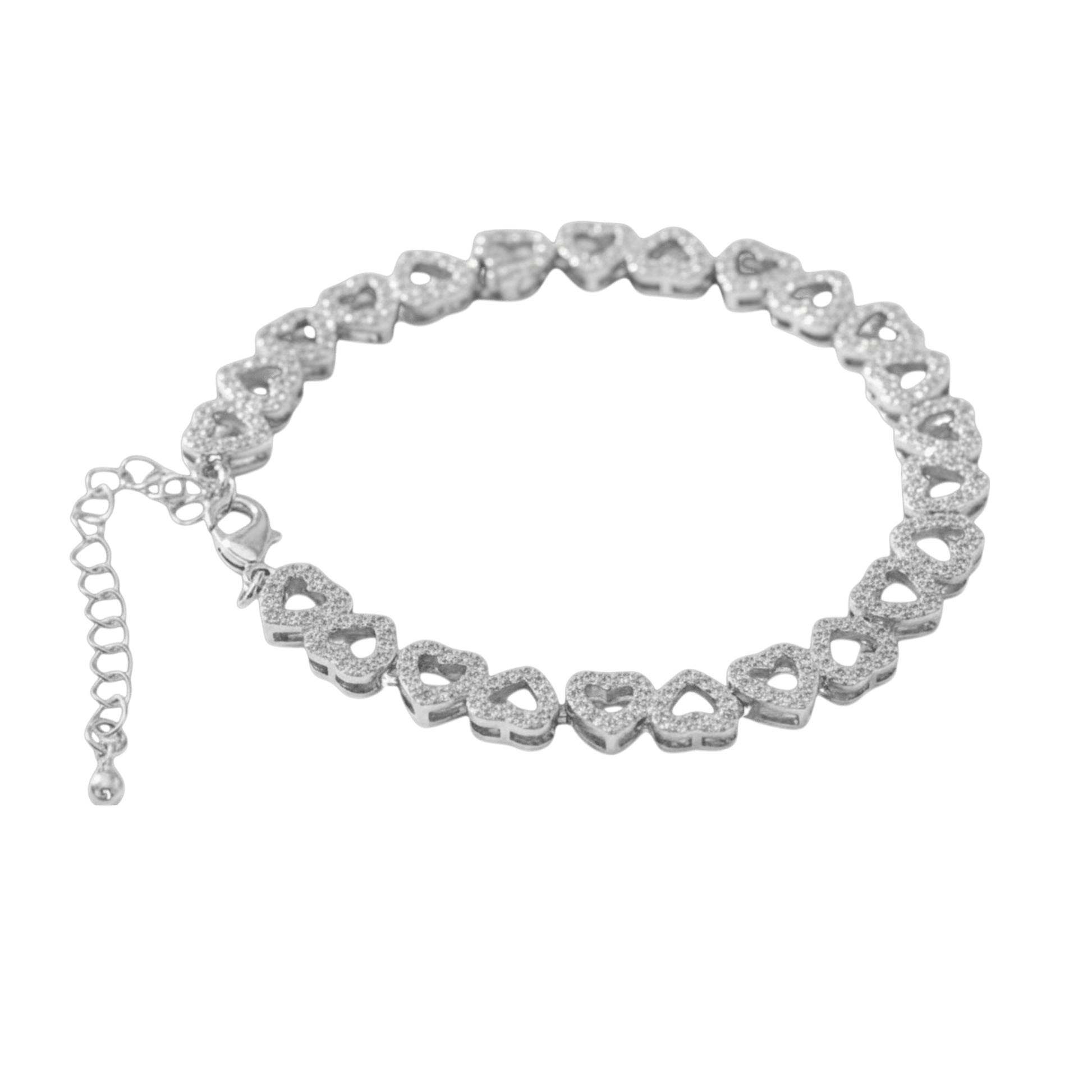 Silver bracelet with heart-shaped links on a black background