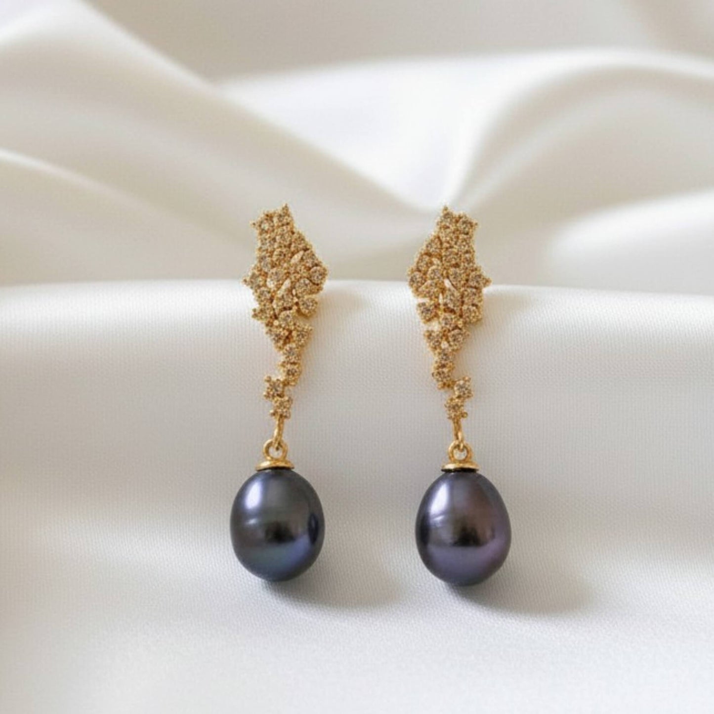 Dark Pearl Drop Earrings with Gold Bead Cluster – Bridal Jewellery