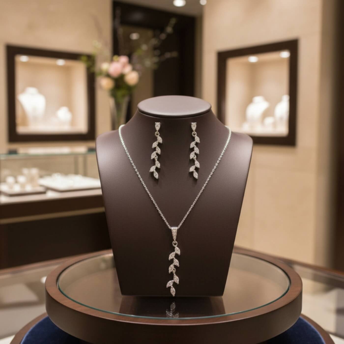 Silver leaf drop earrings photographed on jewellery display stand