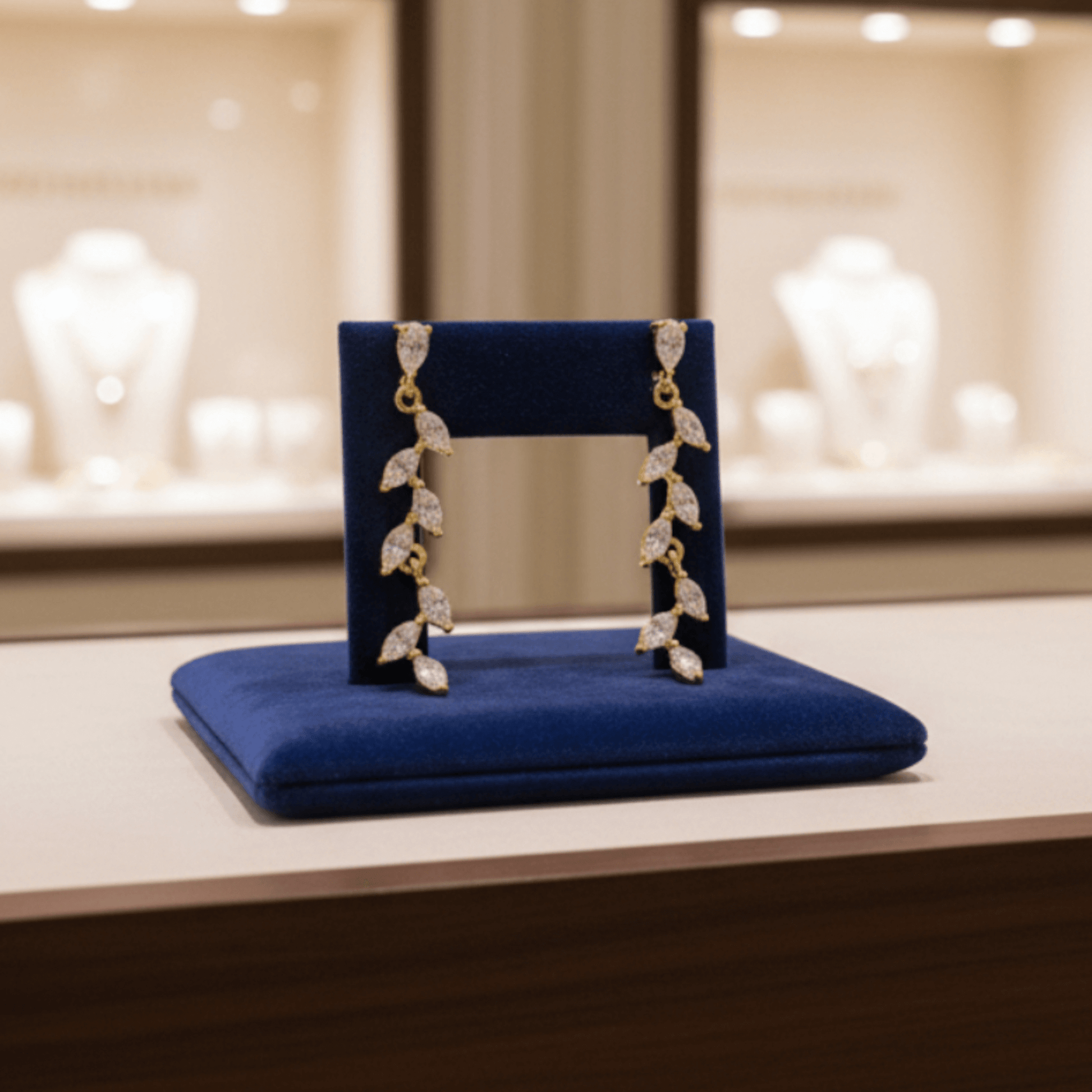 14K gold marquise earrings photographed on display stand