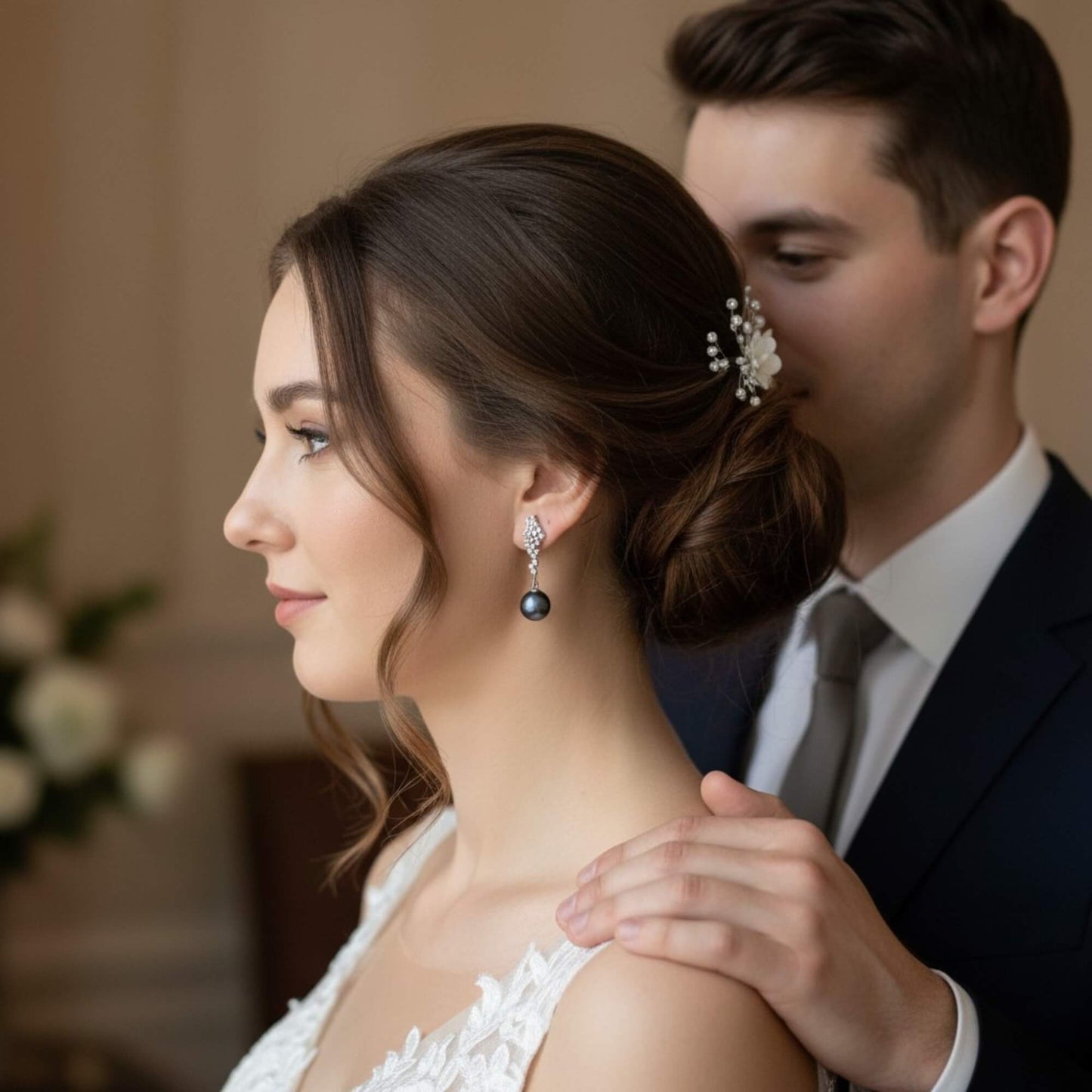 Dark Pearl Drop Earrings with Gold Bead Cluster – Bridal Jewellery