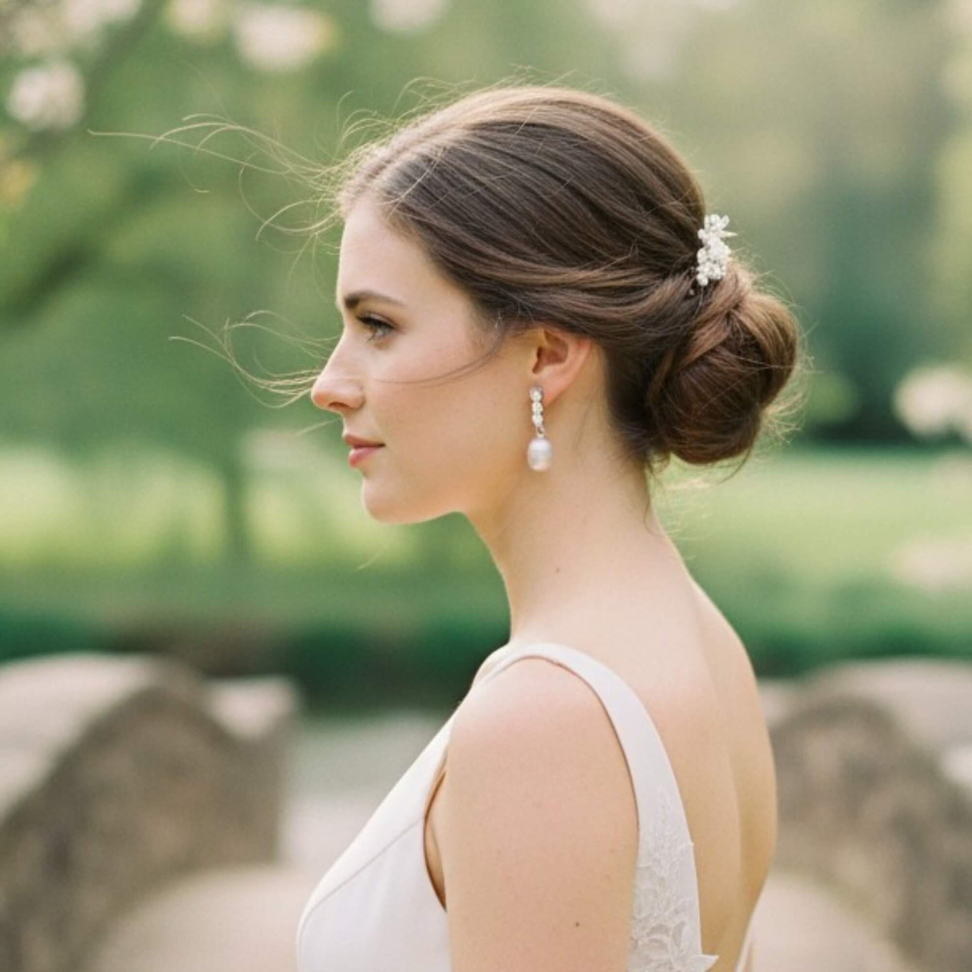 Bride with styled hair and earrings in a natural setting