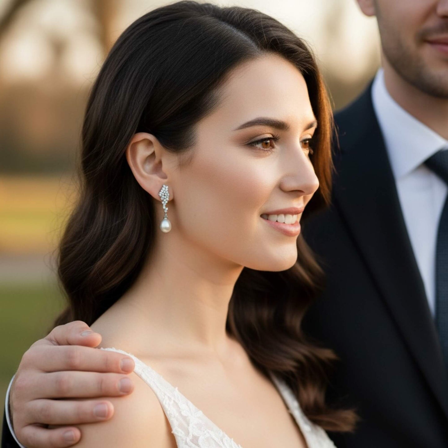 Australian bride wearing classic gold pearl drop earrings, gentle lighting and premium bridal aesthetic.