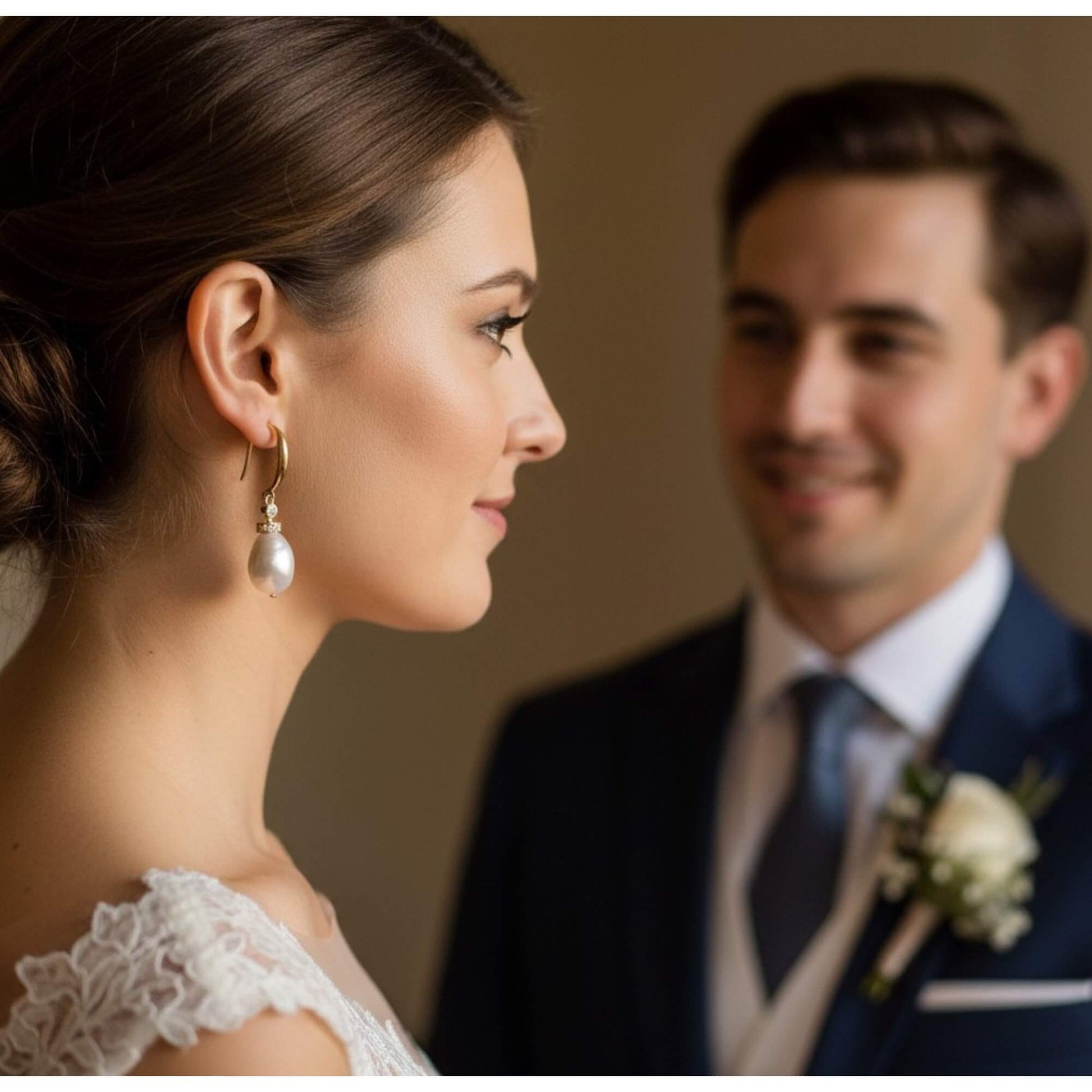 Australian bride wearing gold and pearl drop earrings, warm lighting and quiet luxury aesthetic.