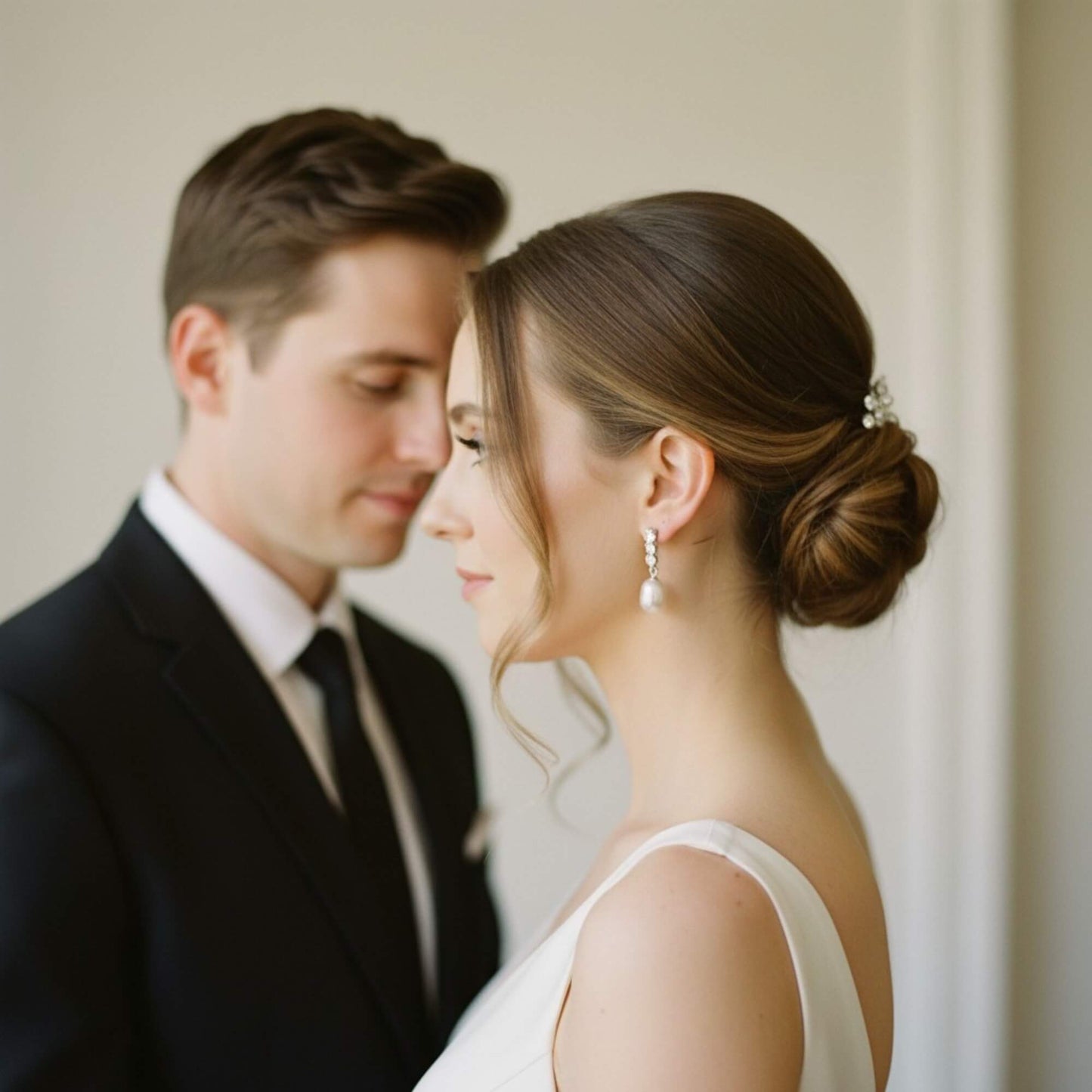 Australian bride wearing gold pearl drop earrings with zirconia detail, quiet luxury bridal aesthetic.
