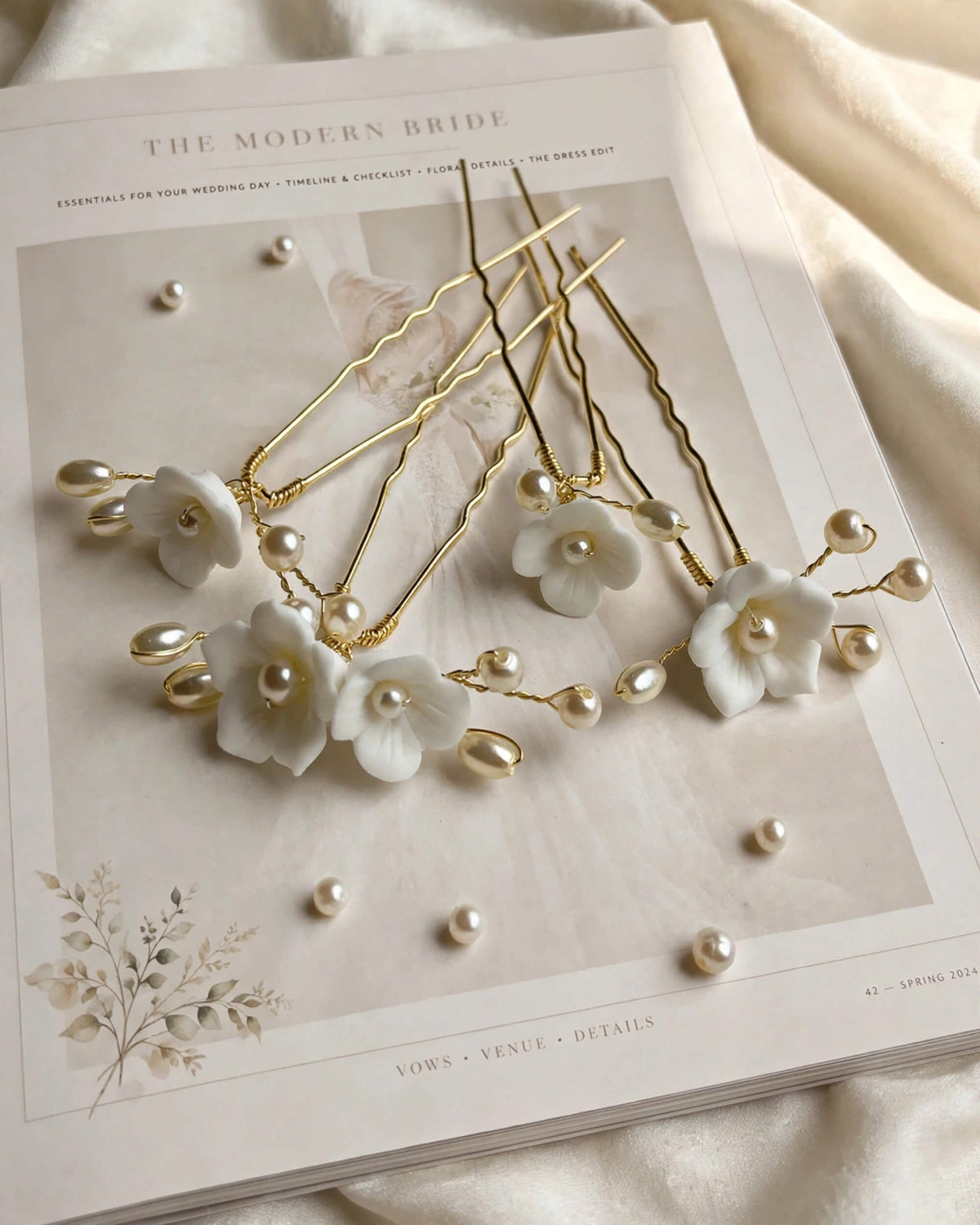 Pearl Hair Pins with Porcelain Flowers – Floral Bridal Hair Accessory