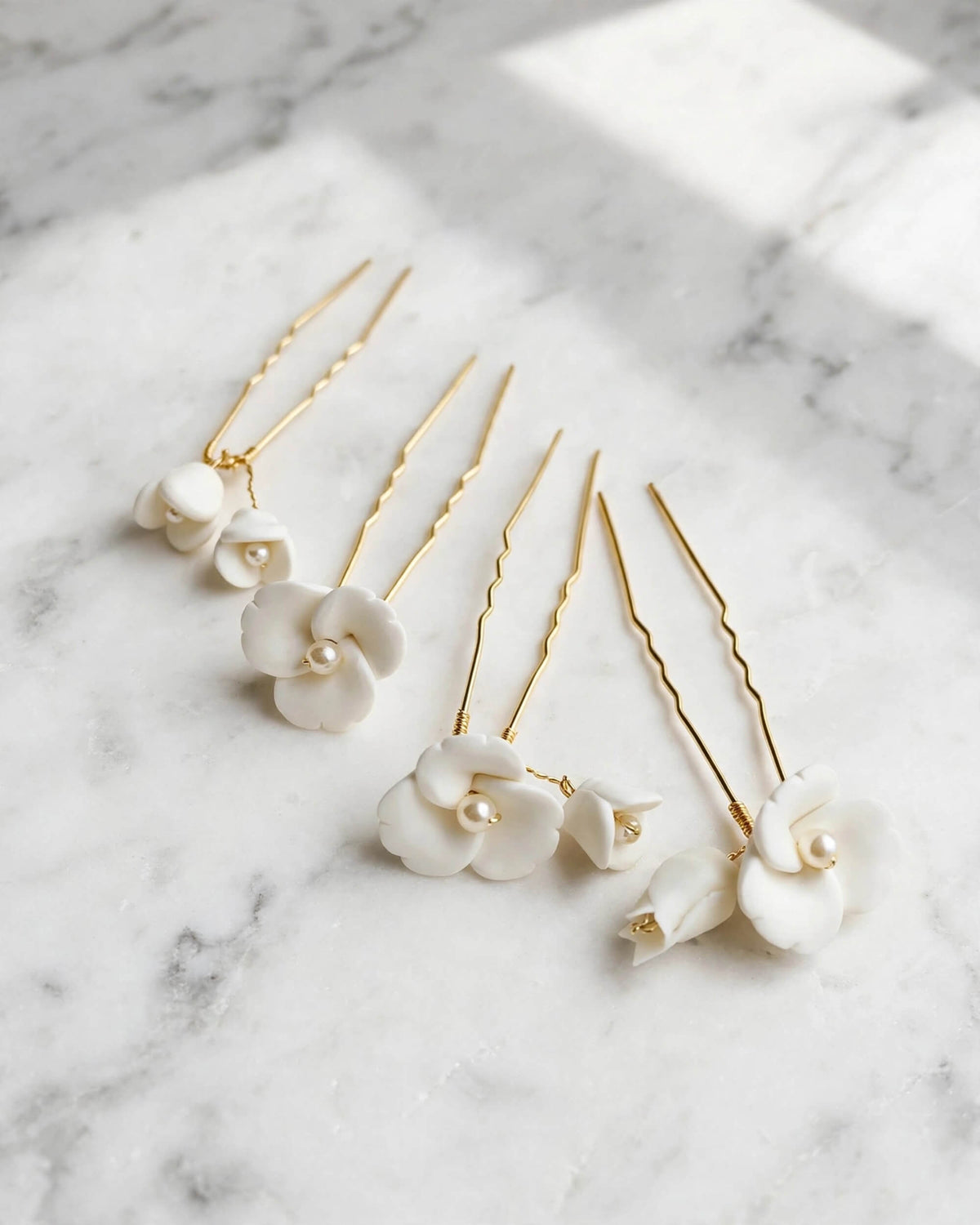 Bridal Hair Pins with Porcelain Flowers & Pearls – Minimalist Wedding Hair Accessory