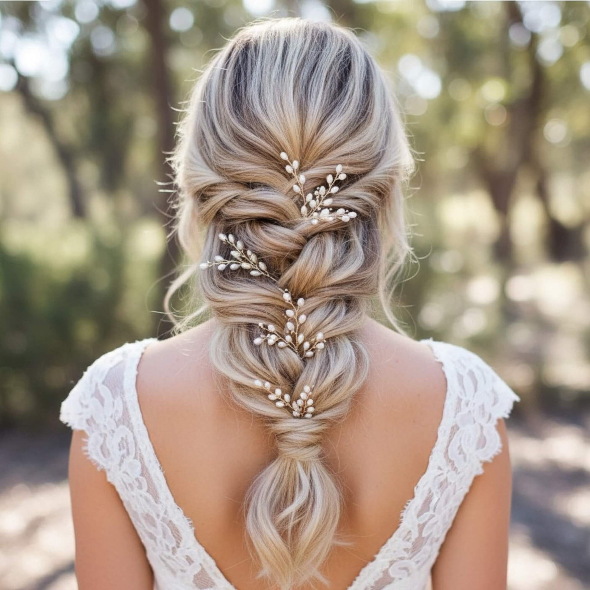 Bride wearing a gold bridal hair pin placed in a romantic hairstyle.