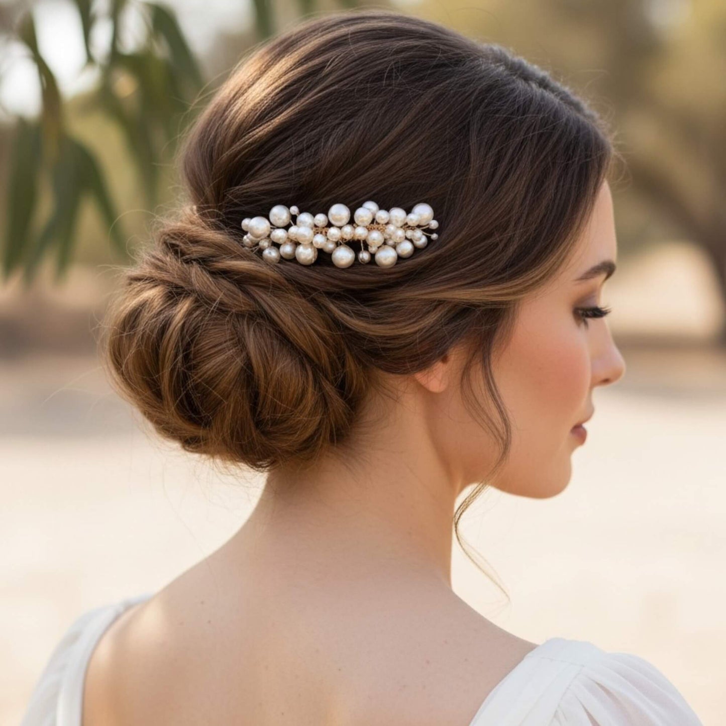 Bride with styled hair featuring a pearl hair accessory, outdoors.