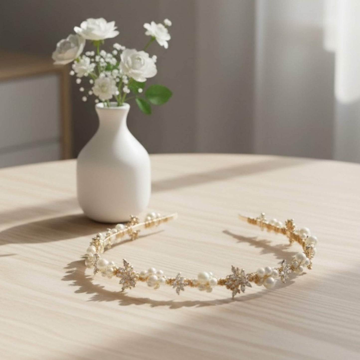Gold bridal headband with pearl blossoms photographed in soft natural light