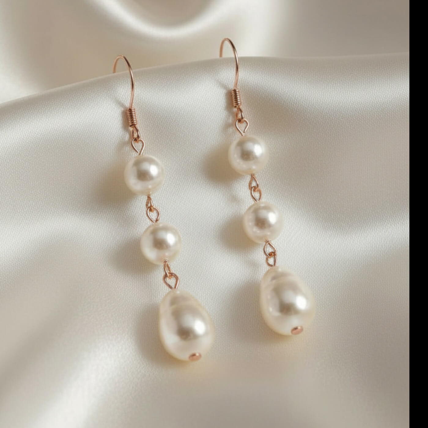 A pair of gold pearl drop earrings with zirconia accents displayed on soft white fabric.