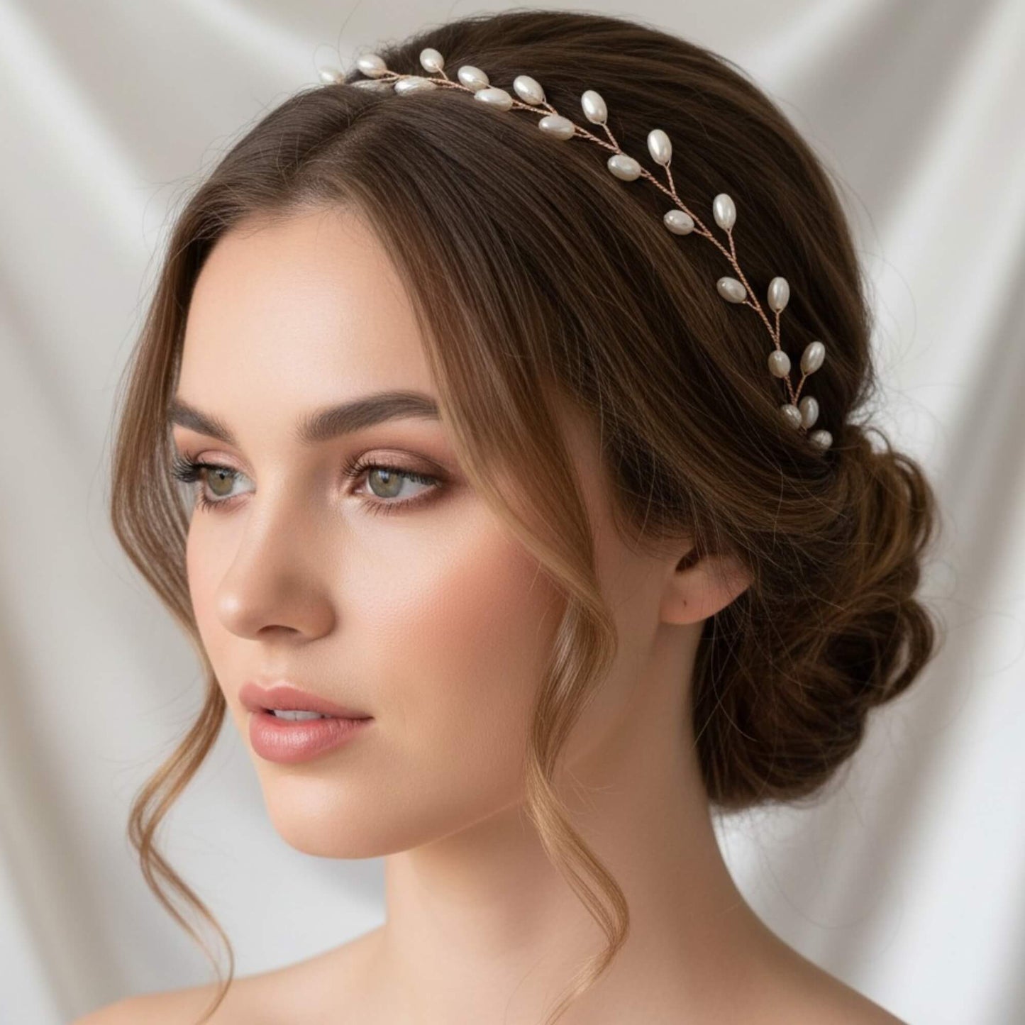 Rose gold wedding hair accessory styled on bride’s long hair