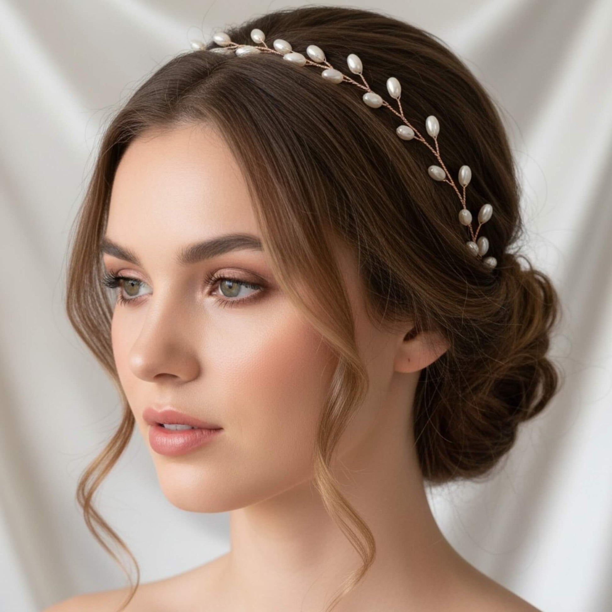 Rose gold wedding hair accessory styled on bride’s long hair