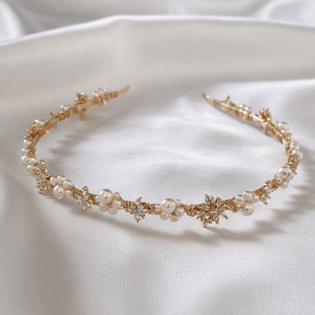 Close‑up of gold floral zircon headband showing crystal details