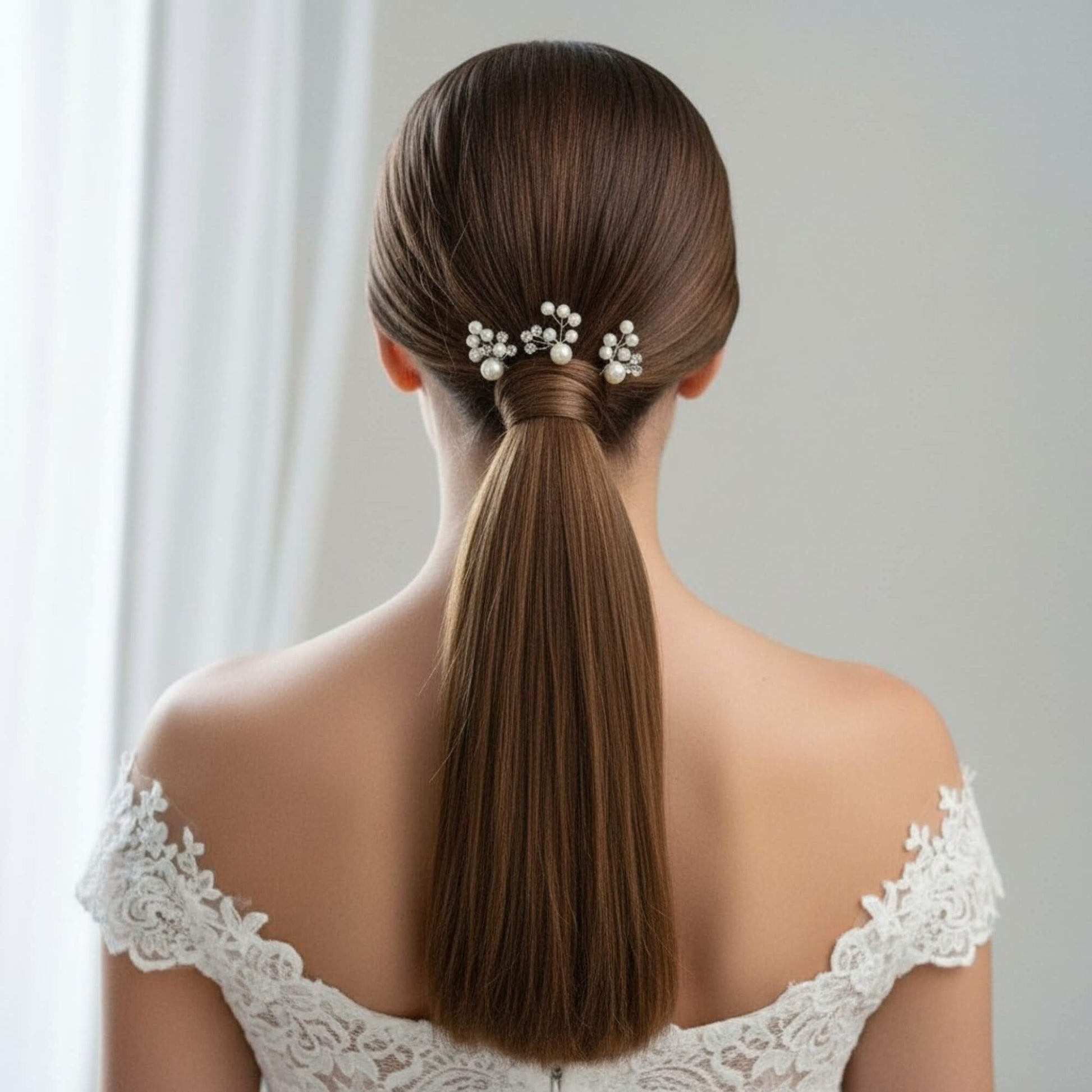 Bride wearing a half-up hairstyle decorated with pearl and crystal bridal hair pins.