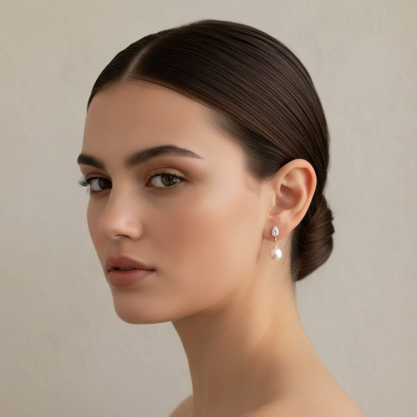 Bride outdoors during golden hour wearing pearl and crystal earrings, warm romantic bridal mood.