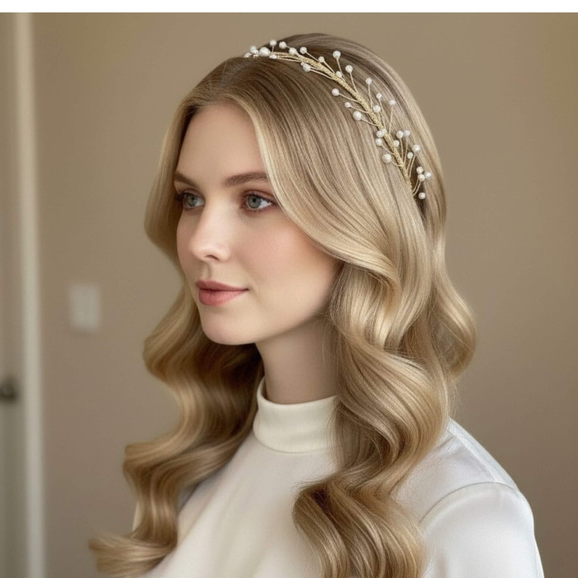 Minimal bridal hairvine featuring soft‑white pearls and clear crystals