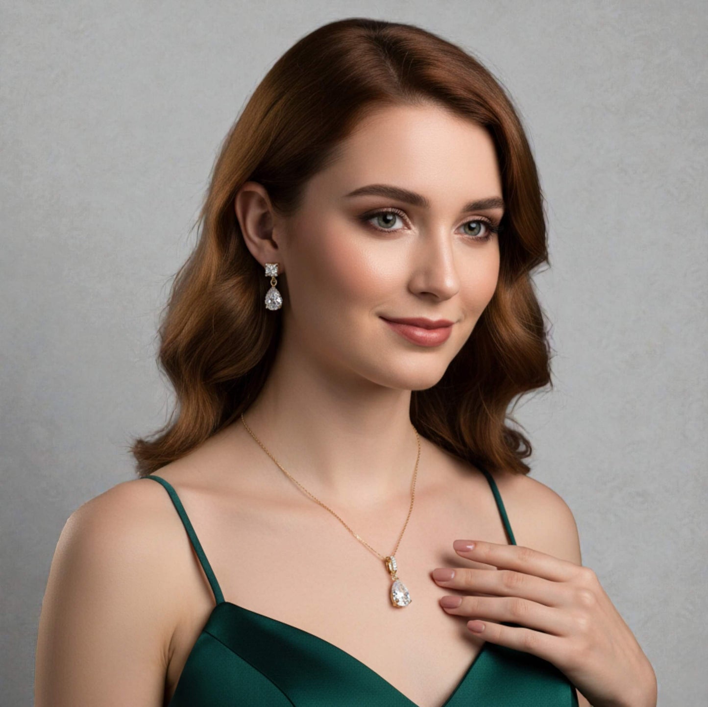 Woman wearing a necklace and earrings against a gray background