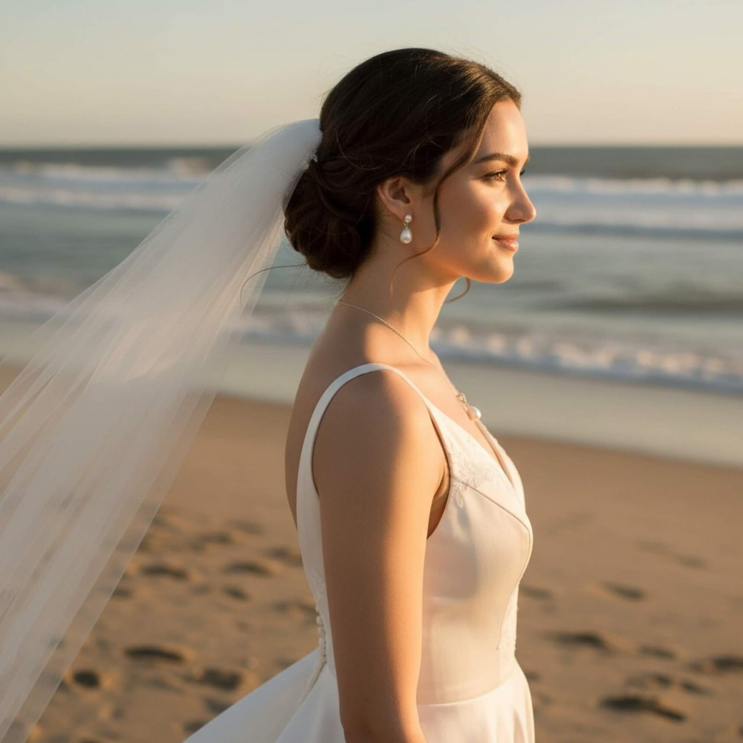 Bride standing outdoors wearing matching pearl earrings and necklace, natural light, airy and romantic bridal aesthetic