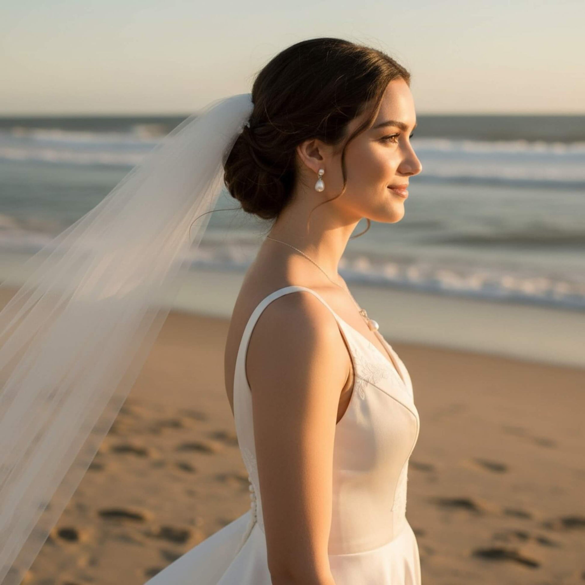 Bride standing outdoors wearing matching pearl earrings and necklace, natural light, airy and romantic bridal aesthetic