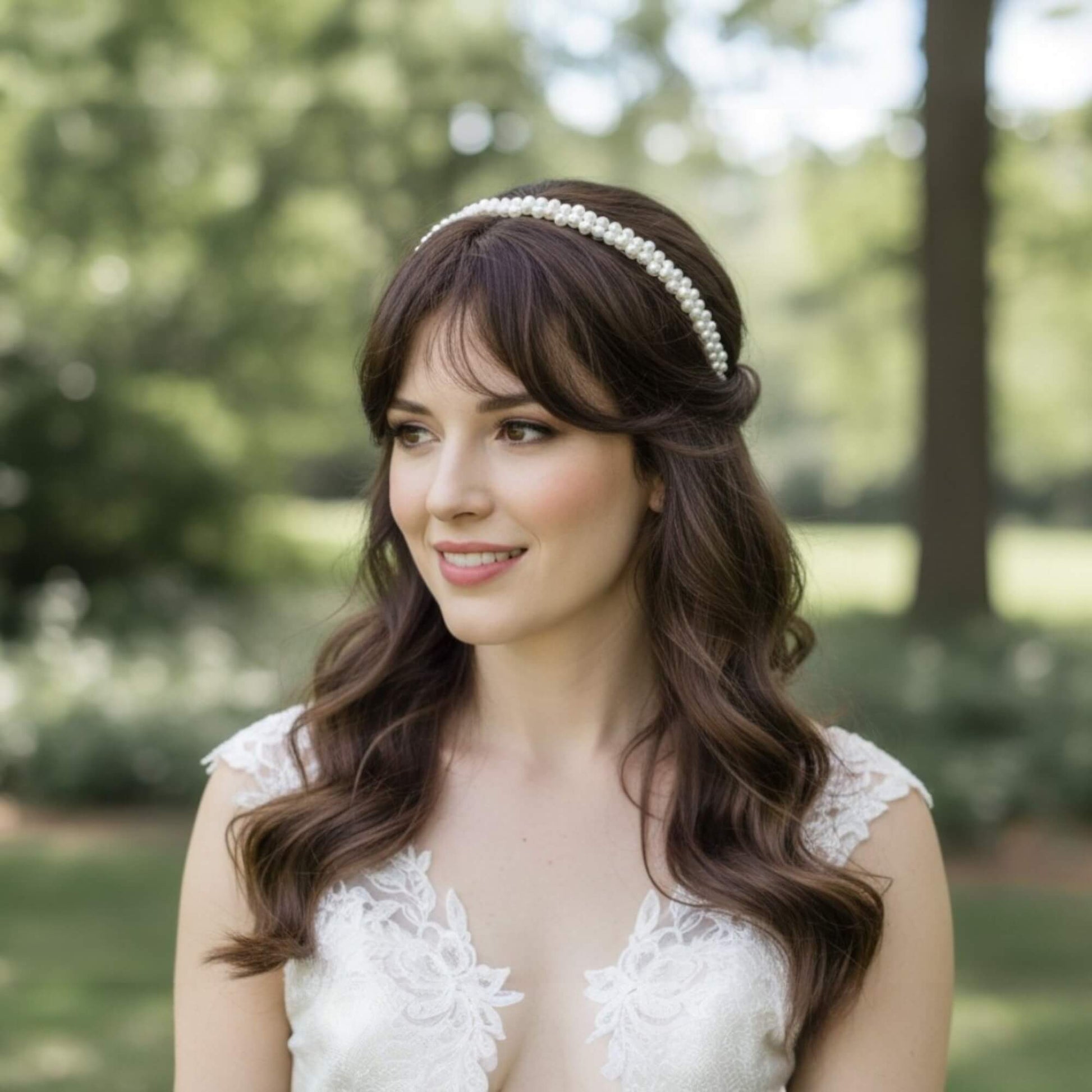 Full view of a modern double‑row pearl bridal headband with premium glass pearls.