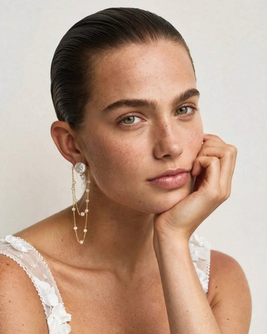 Pearl Dangle Earrings with Freshwater Pearls – Double Chain Drop Bridal Earrings