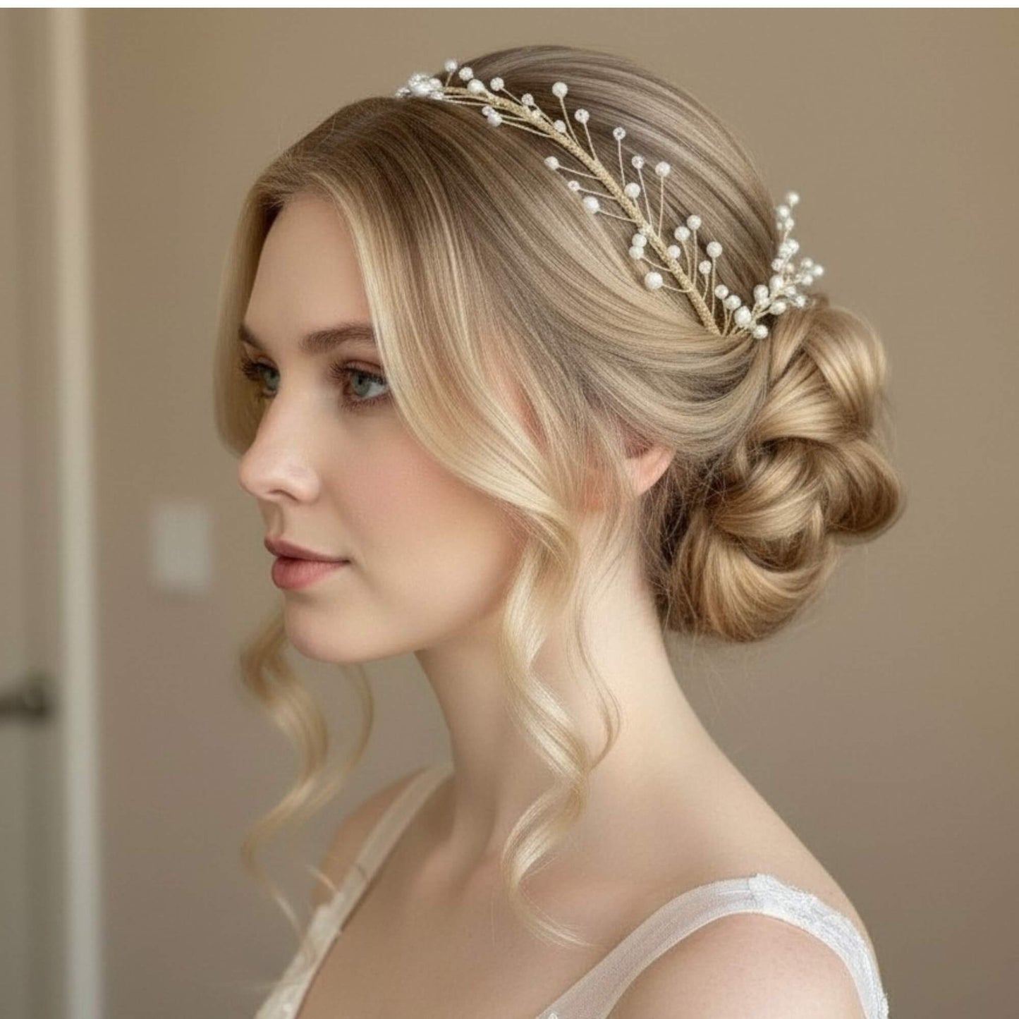 Elegant headband decorated with soft‑white pearls and crystals, styled on satin fabric.