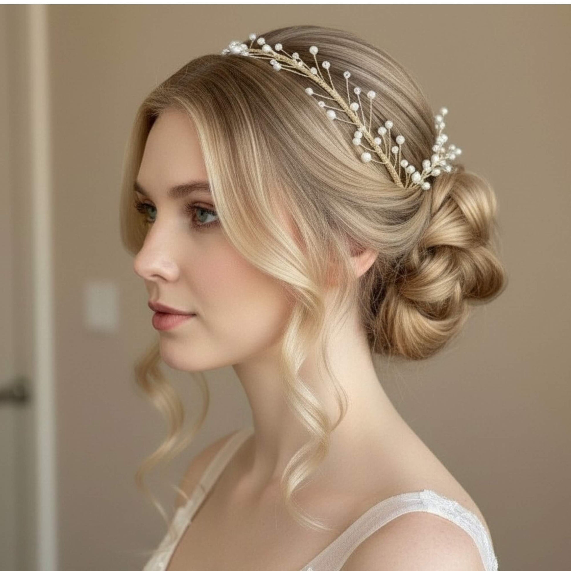 Elegant headband decorated with soft‑white pearls and crystals, styled on satin fabric.