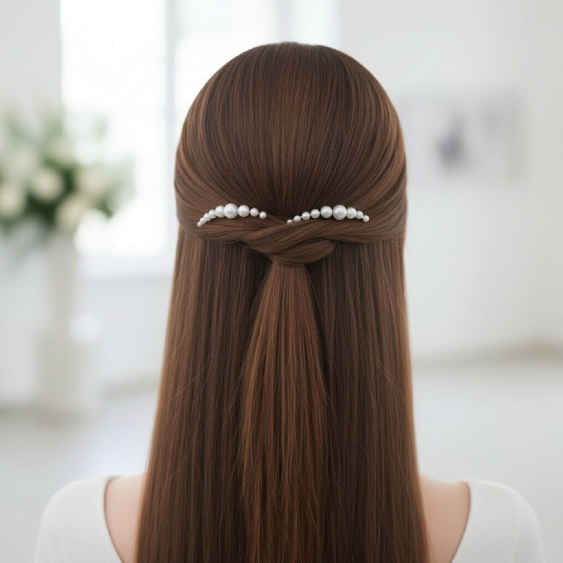 Bride wearing a gold pearl hair pin placed in a soft half-up bridal hairstyle.