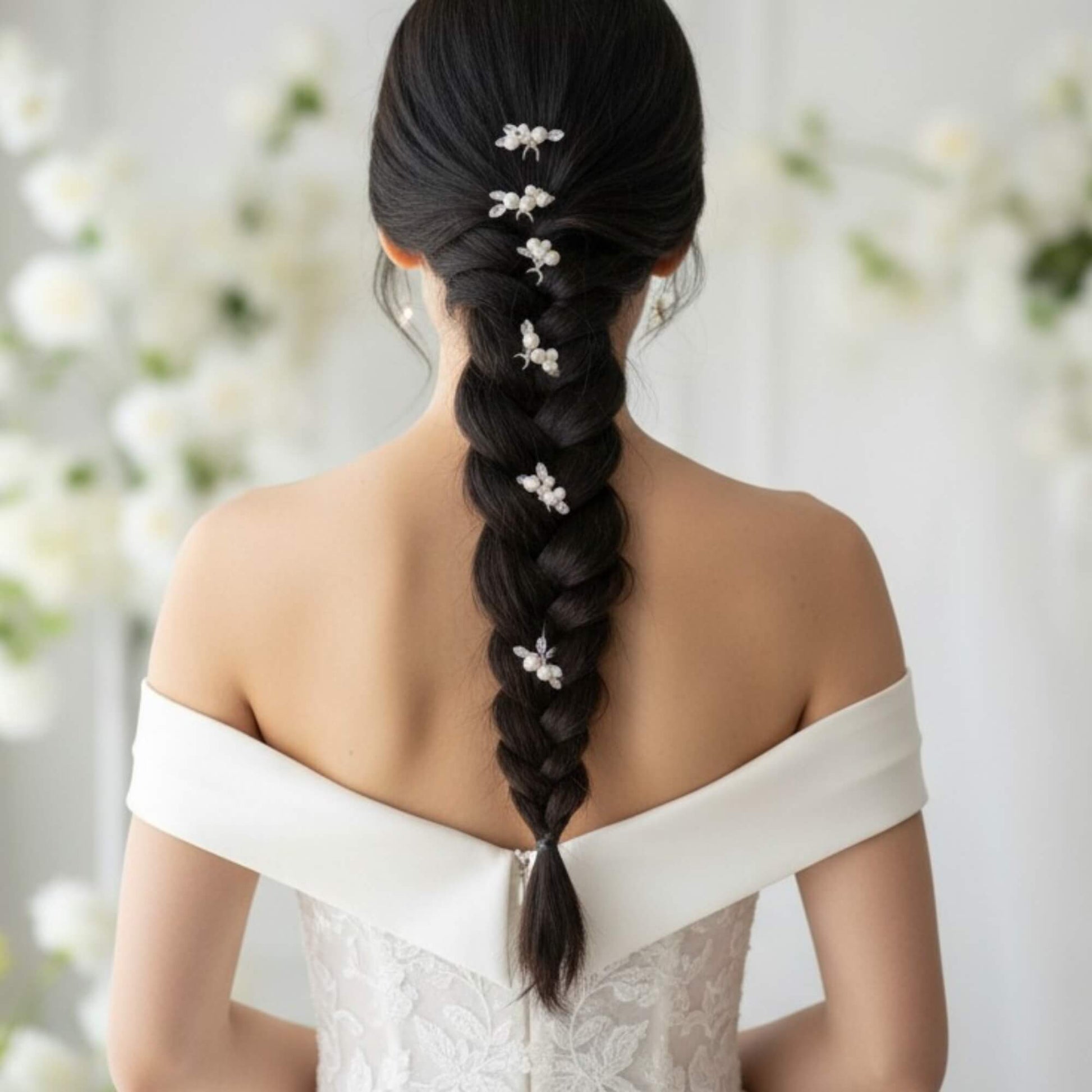 Romantic loose braid with pearl and crystal bridal hair pins.