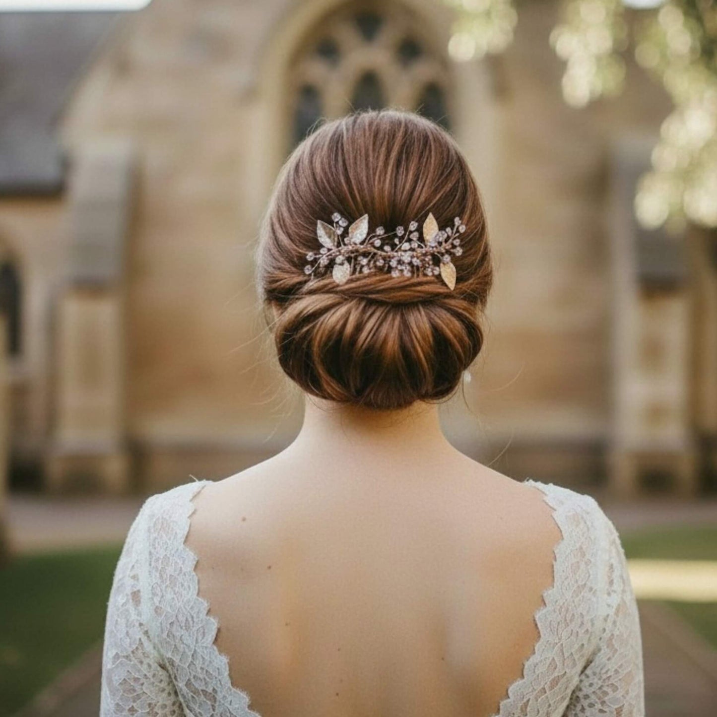 Gold crystal bridal hair comb styled in a soft textured bridal updo.