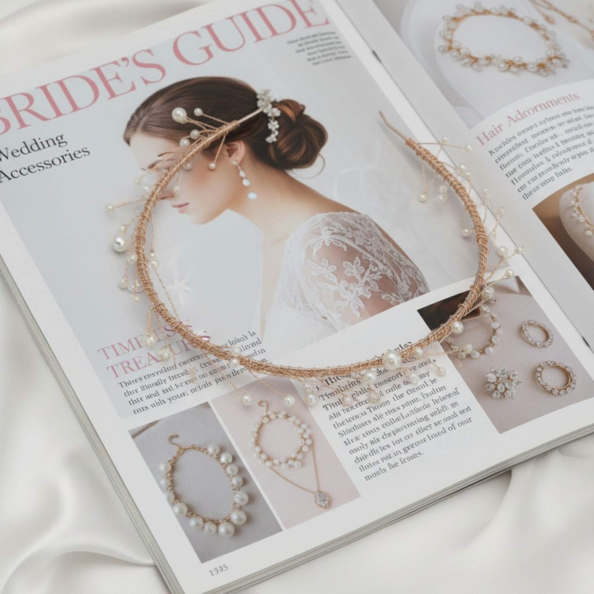 Handcrafted rose‑gold bridal hairpiece with pearl accents and crystal details on white satin.