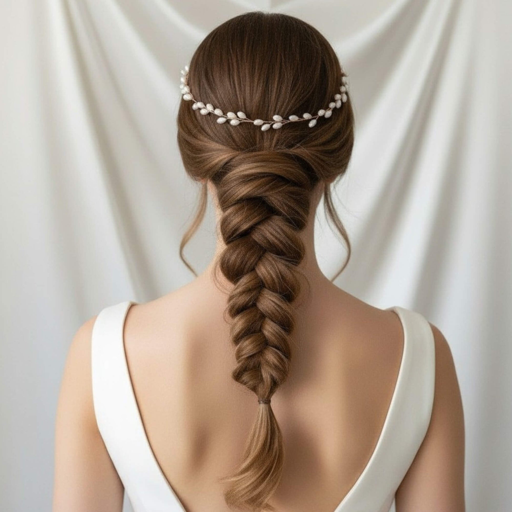 Gold, silver and rose gold bridal hair vines displayed on bride’s hair
