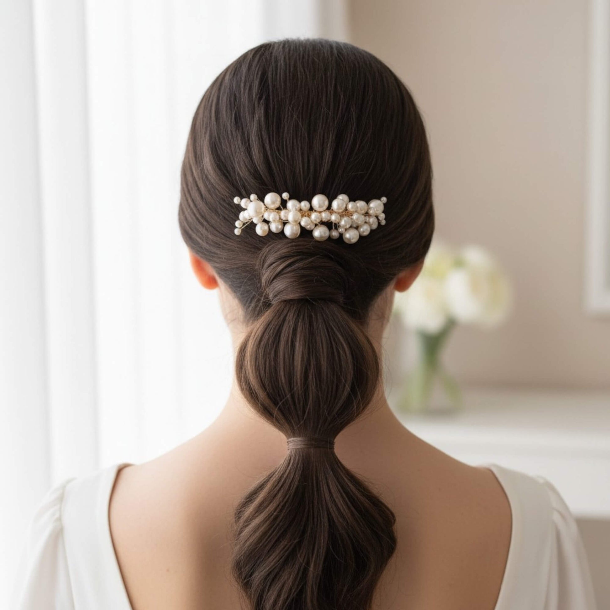 Bride with a ponytail wearing a pearl hair accessory in a softly lit room.