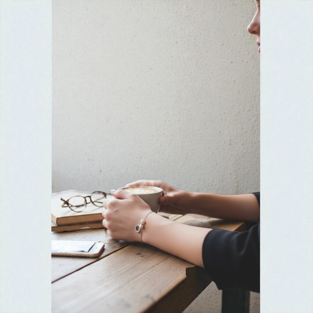 Person holding a cup of coffee at a wooden table with a neutral background