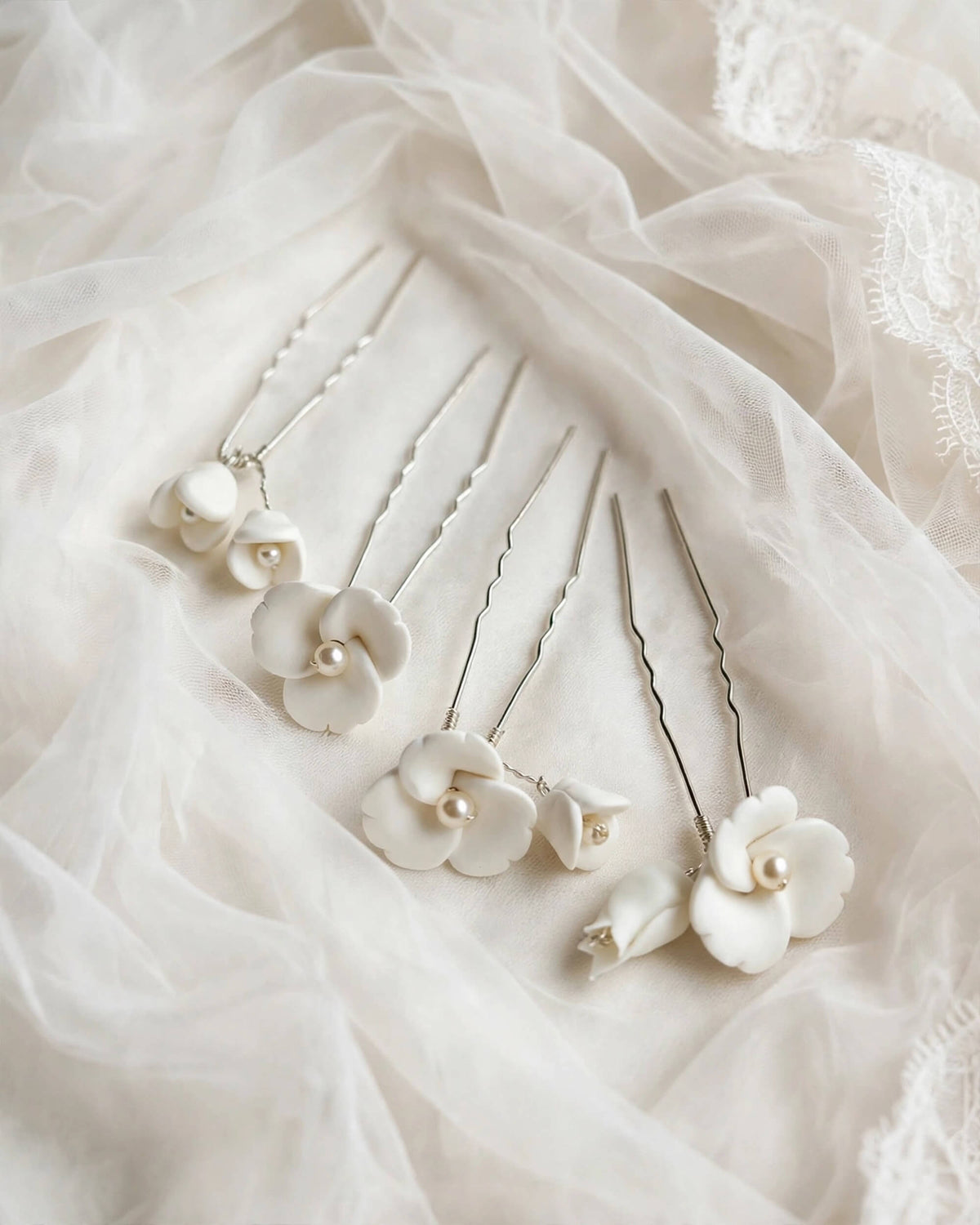 Bridal Hair Pins with Porcelain Flowers & Pearls – Minimalist Wedding Hair Accessory