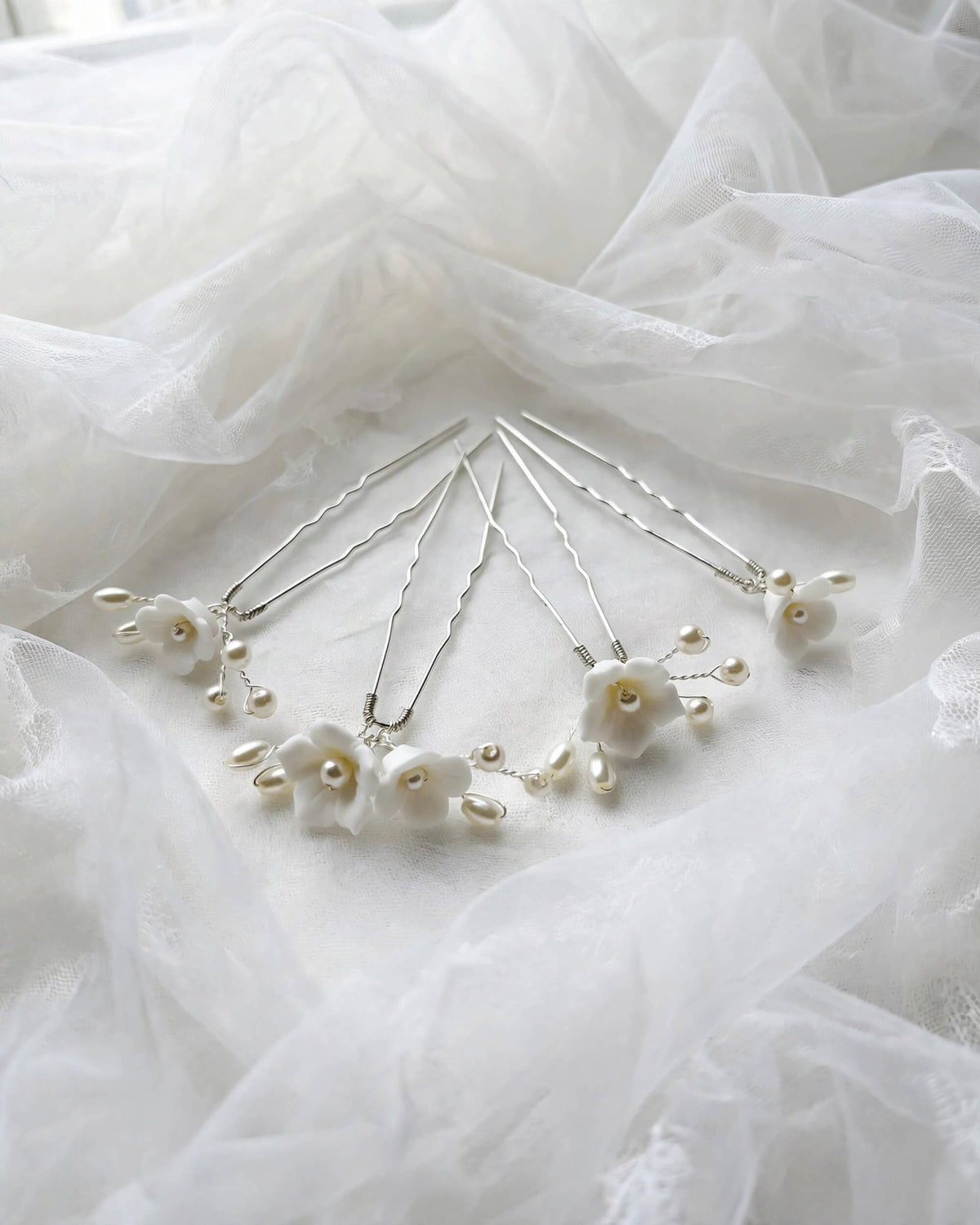 Pearl Hair Pins with Porcelain Flowers – Floral Bridal Hair Accessory
