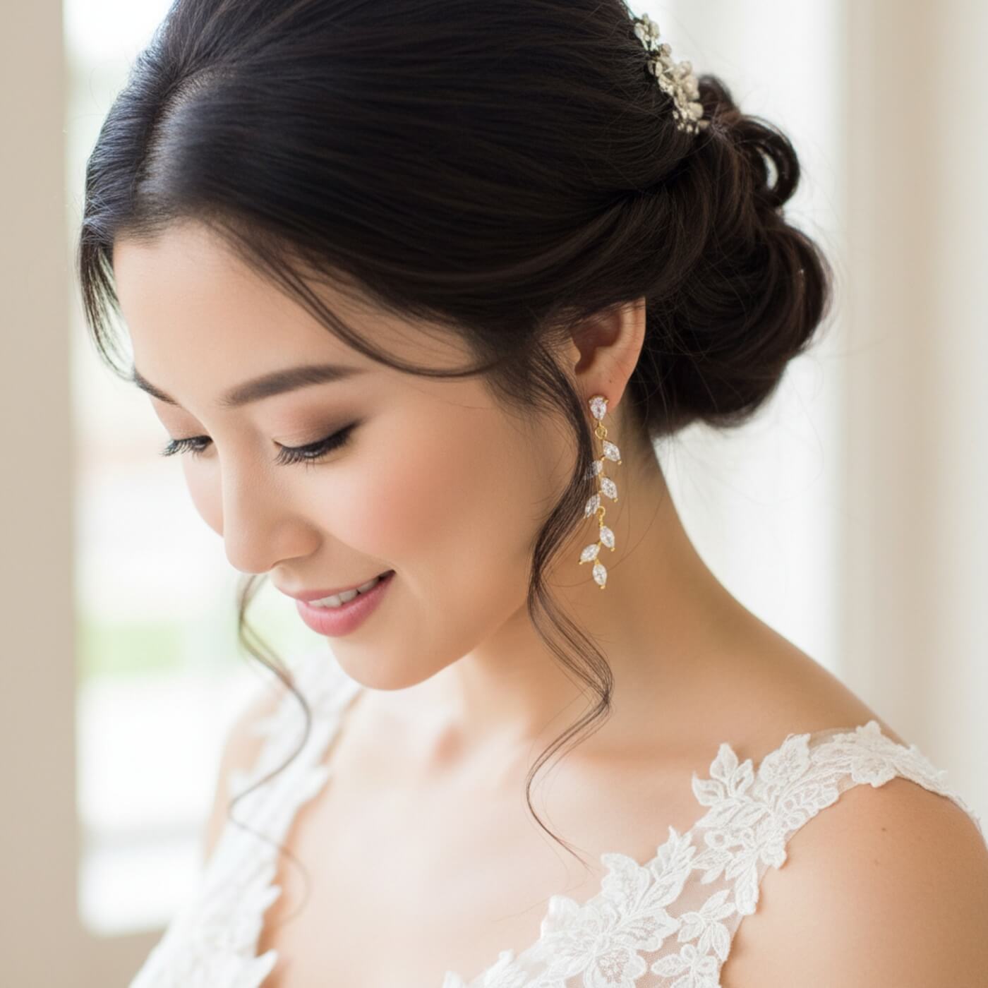 Gold leaf bridal earrings photographed on bride
