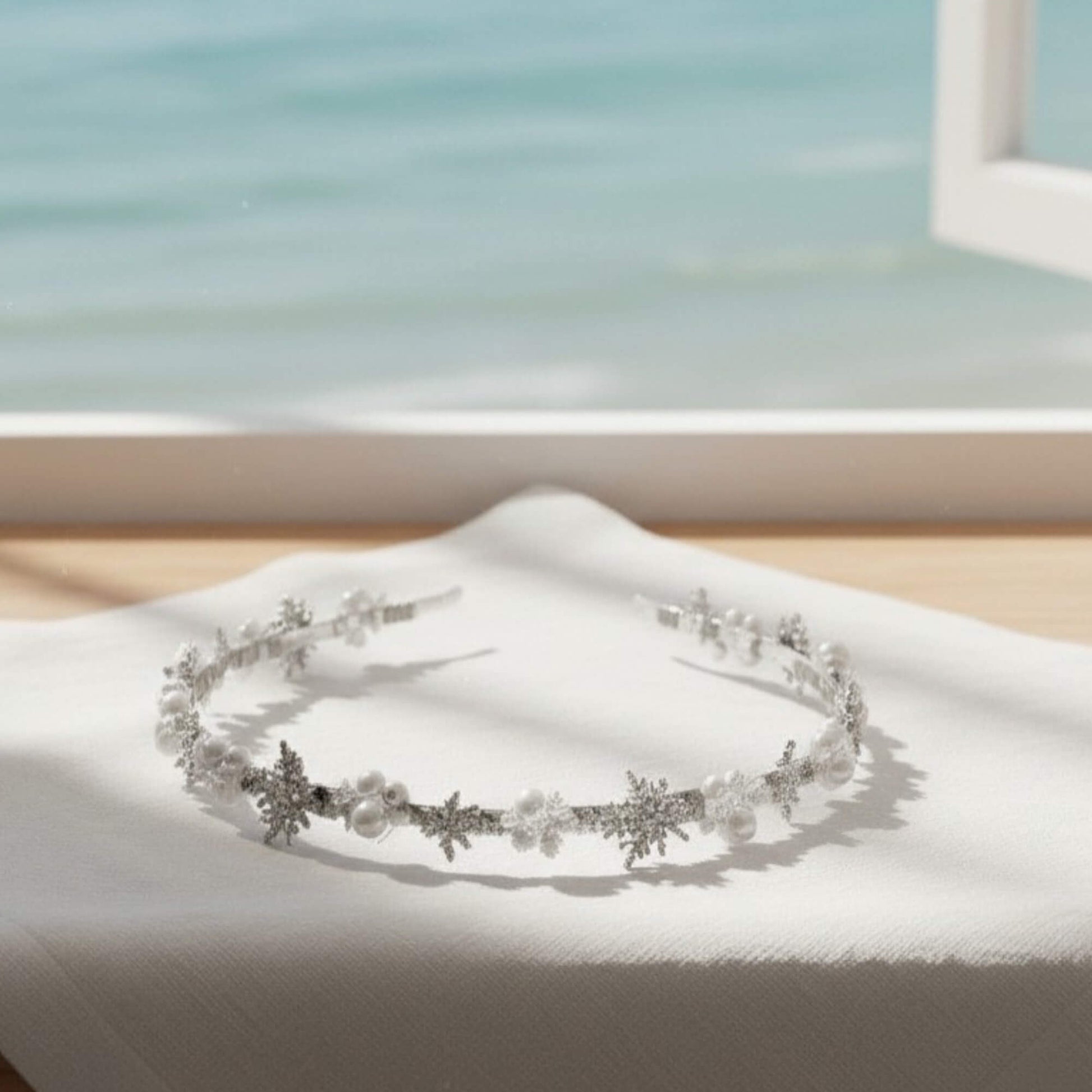 Silver pearl and zircon headband