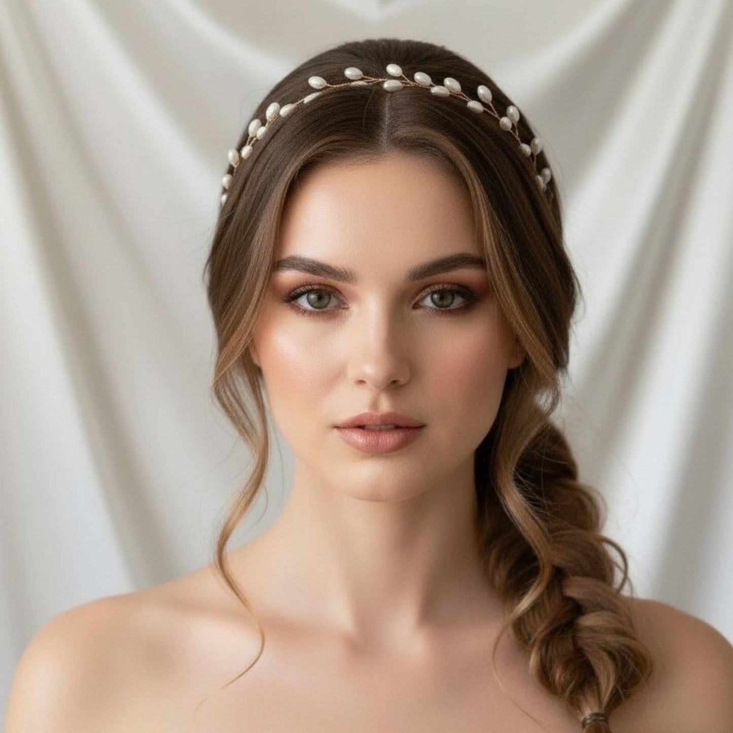 Rose gold bridal hair vine with pearls on soft bridal waves