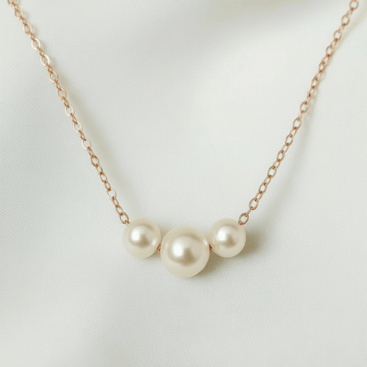 Pearl necklace with three pearls on a gold chain against a light background