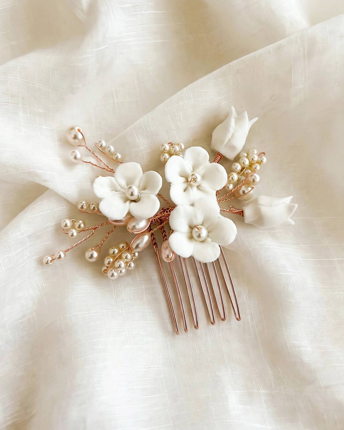 Bridal Hair Comb with Porcelain Flowers & Glass Pearls – Floral Wedding Hair Accessory