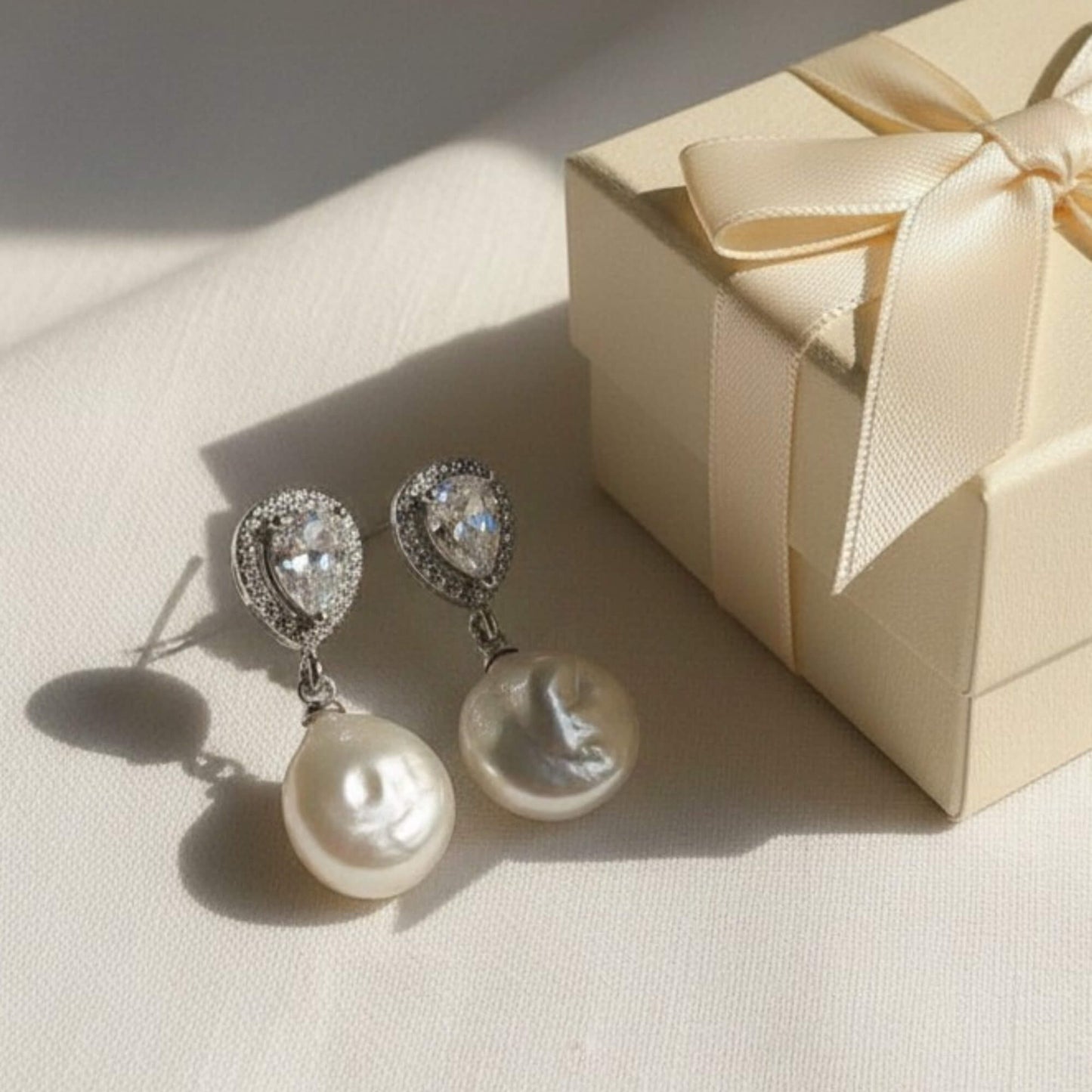 Pearl earrings with heart-shaped gemstones next to a beige gift box on a light surface.