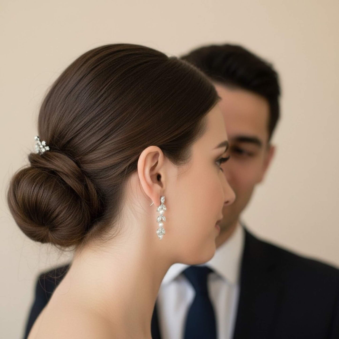 Close-up of bride’s ear showing crystal leaf and pearl earrings, natural makeup and elegant bridal look.