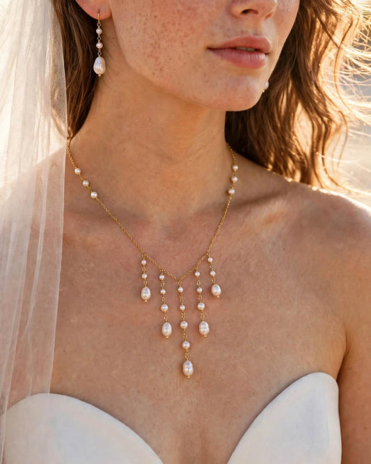 Freshwater Pearl Bridal Necklace with Cascading Pearl Drops, Wedding Jewellery